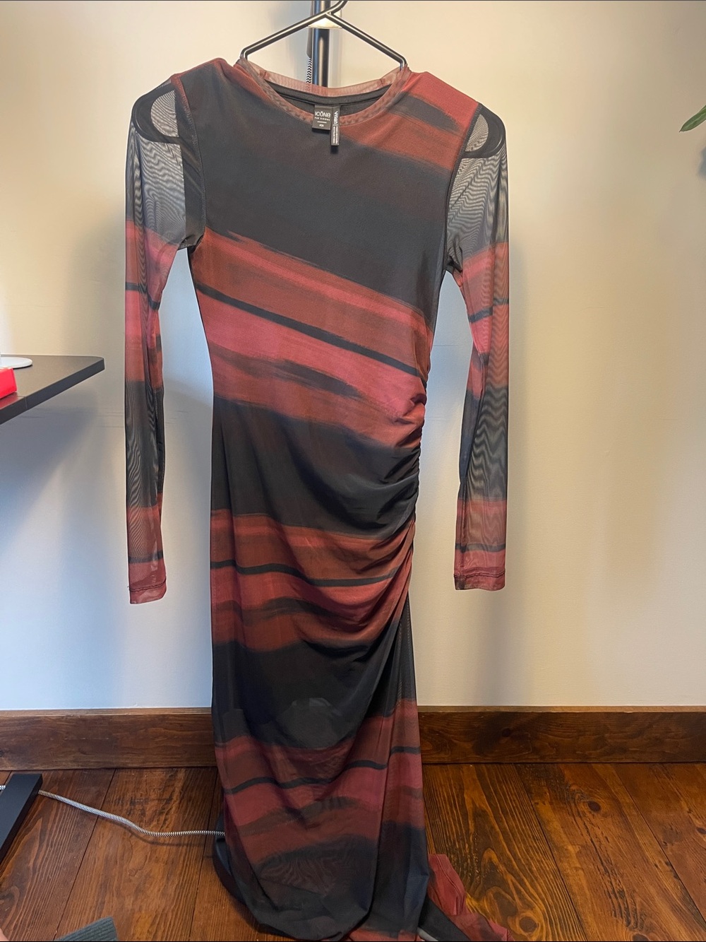 ICON Black and Rust Striped Long-Sleeve Ruched Maxi Dress